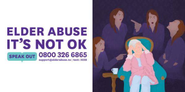 A graphic showing an older woman remembering her abuser 